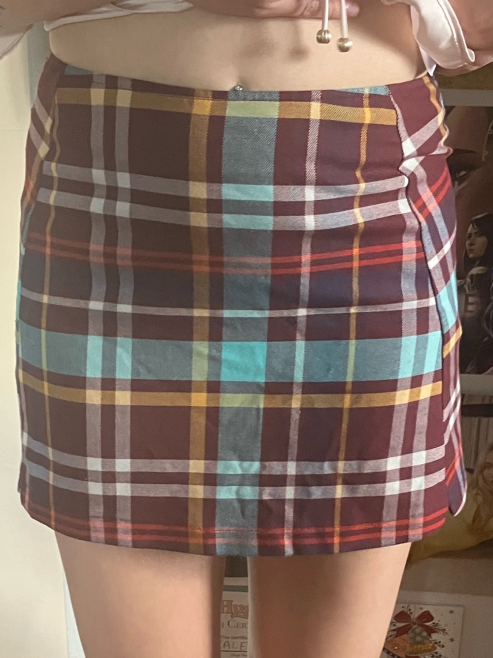 Brandy Melville Burgundy Plaid Mini Skirt with Teal Accents